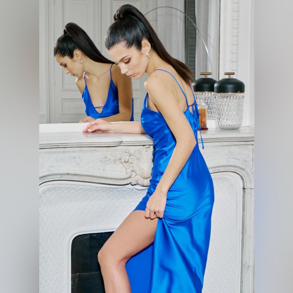 Silk Maison Sapphire Side Slit Silk Maxi Dress SMALL